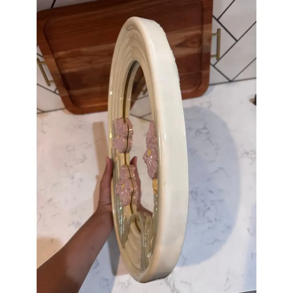 Rare ceramic wall mirror glossy cream finish 3D pink iris flowers green leaves